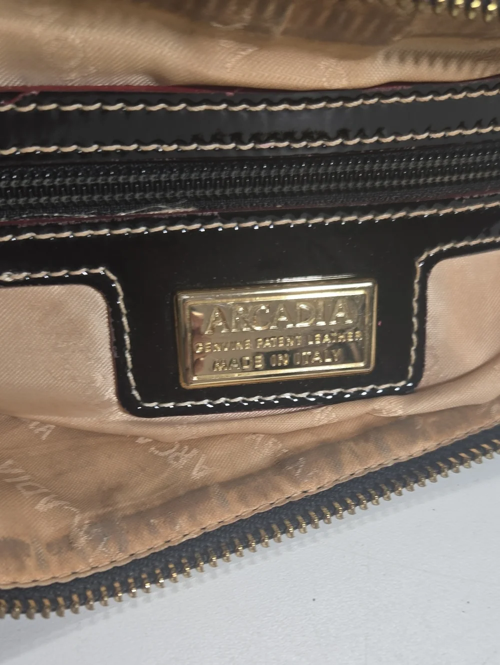 Arcadia Black Patent Italian Leather Crossbody  Shoulder Bag with Tan Trim